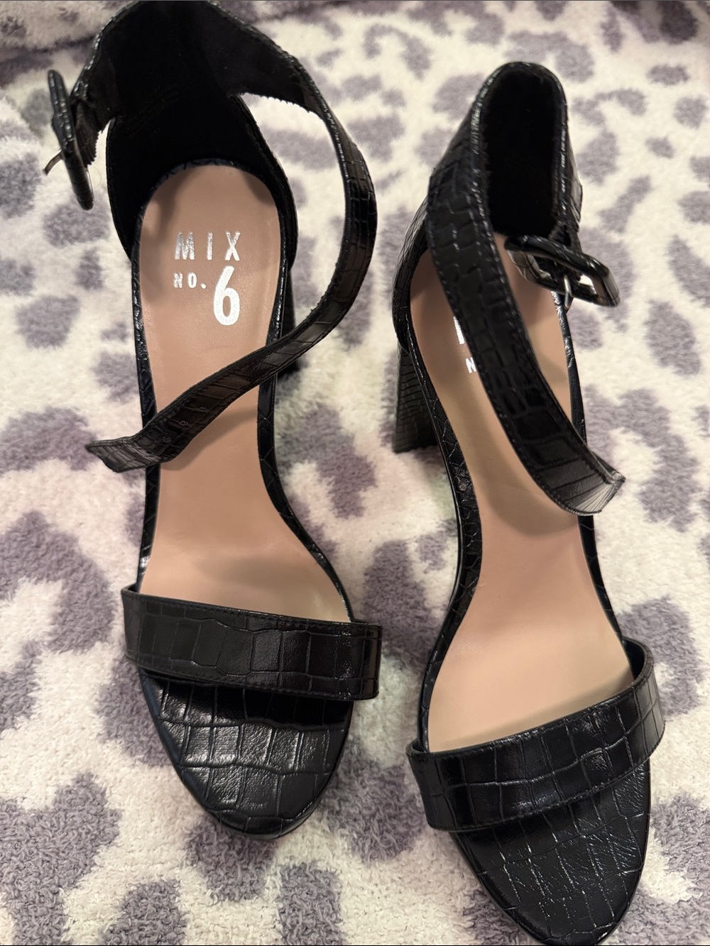 Mix No. 6 Black Croc-Embossed Strappy Block Heel Sandals